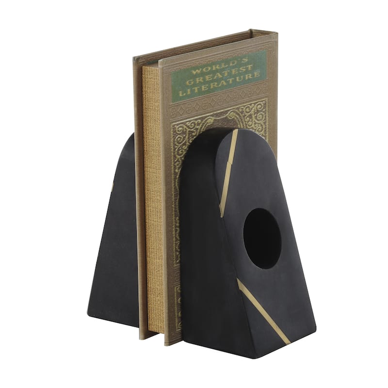 Marble Geometric Curved Pyramid Decorative Bookends with Diagonal Gold Stripes - Set of 2 Black - Roche River Decor