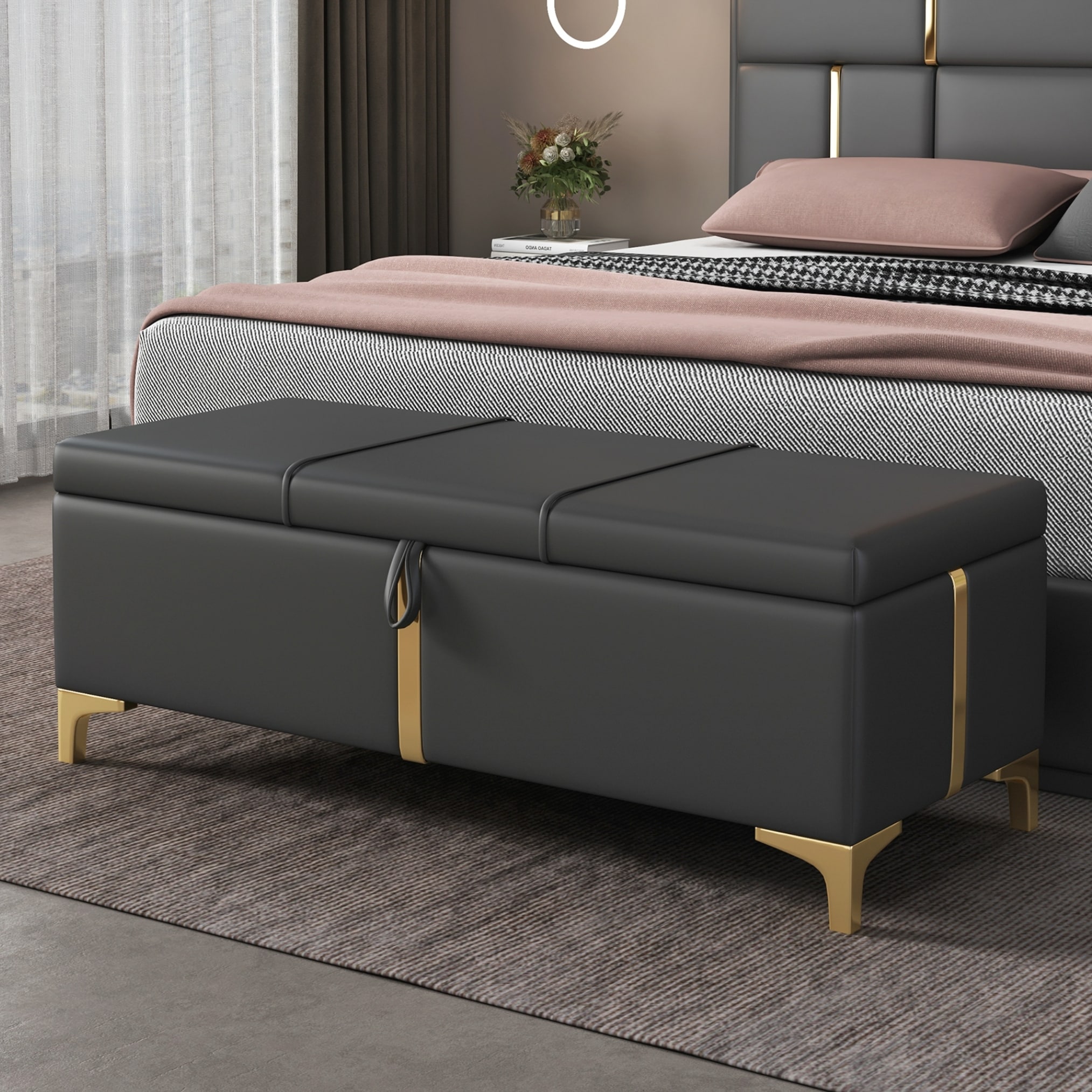 Elegant Upholstered Storage Ottoman,Storage Bench with Metal Legs for Bedroom,Living Room