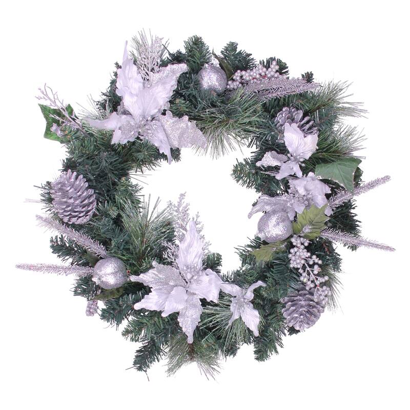 White Poinsettia Pine Cone Artificial Christmas Wreath 24-Inch, Unlit