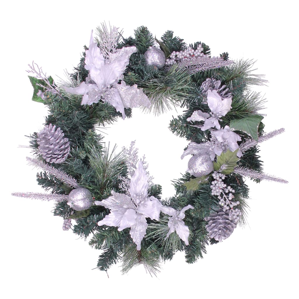 White Poinsettia Pine Cone Artificial Christmas Wreath 24-Inch, Unlit