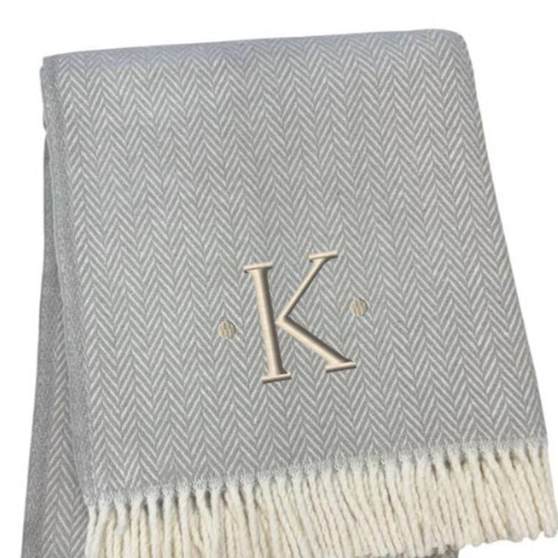 55" X 70" Gray And White Herringbone Cotton Blend A Initial Throw Blanket with Tassels And Embroidery
