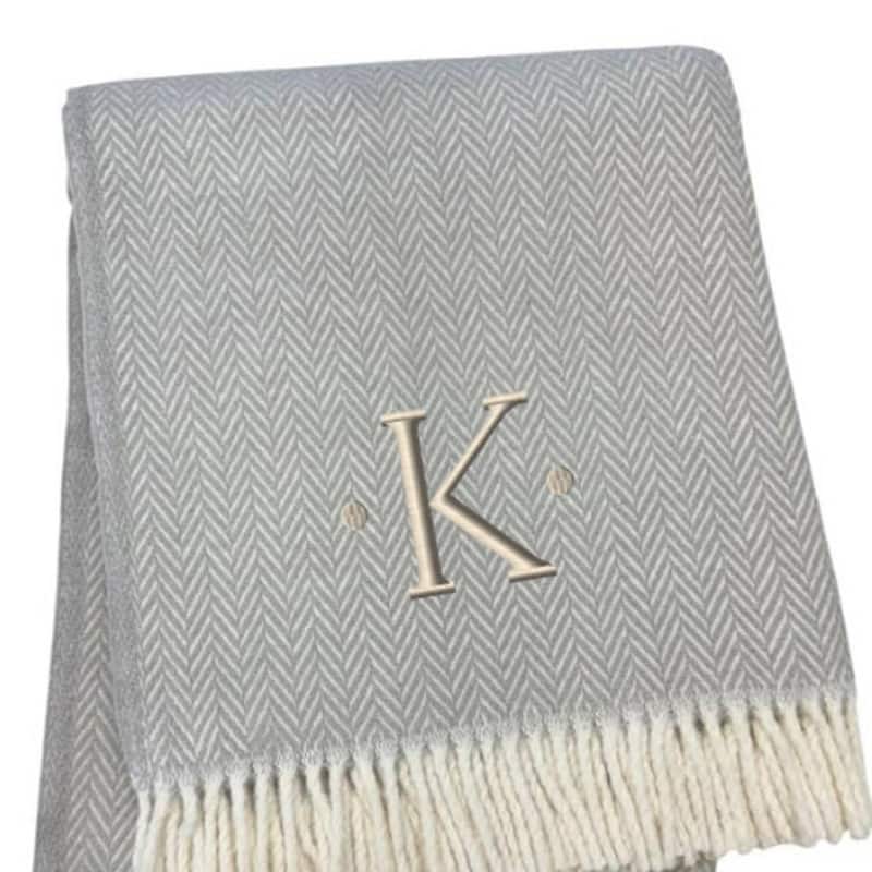HomeRoots 55" X 70" Gray And White Herringbone Cotton Blend K Initial Throw Blanket with Tassels And Embroidery