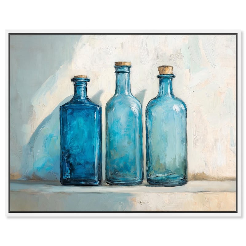 Three Blue Bottles Canvas by Art Remedy - White - 24" x 20"