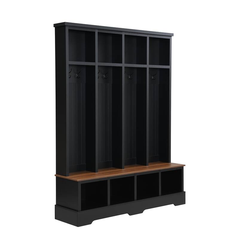 Farmhouse 59" Wide Hall Tree with 8 Hooks - Entryway Bench with Storage, 76.7" Tall Wooden Coat & Shoe Rack for Mudrooms.