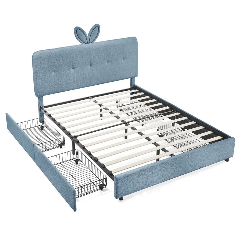 Queen Size Boucle Upholstered Bed with Rabbit Ear Headboard, LED Music Sync & 4 Drawers