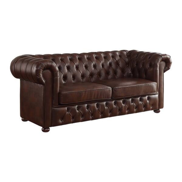 Ivey 83 Inch Sofa, Rolled Arms, Chesterfield Tufted Brown Faux Leather