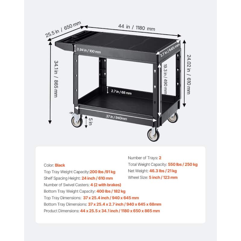2-Shelf Utility Cart with Wheels, Heavy Duty Service Cart for Workshop - 44 x 25.5 x 34.1 in