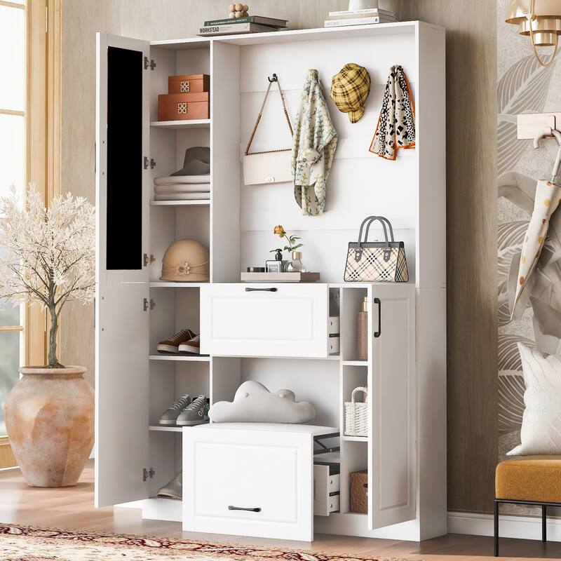 51 Inch Entryway Cabinet with Integrated Shoe Cabinet, 3-in-1 Design Mirrored Cabinet with 4 Hooks