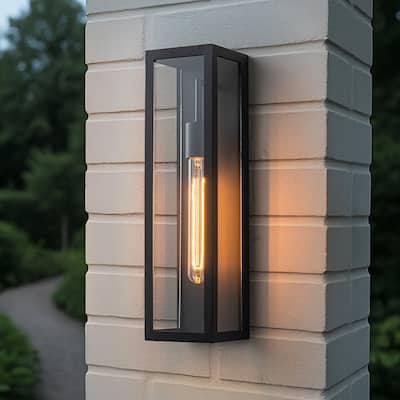 H18" Modern Black Outdoor Wall Lantern with Clear Glass Dusk to Dawn Outdoor Wall Light Open Bottom Wall Sconce for Entryway