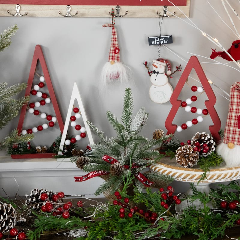 3 Red White Beaded Christmas Trees Wooden Table Decorations 11.75"
