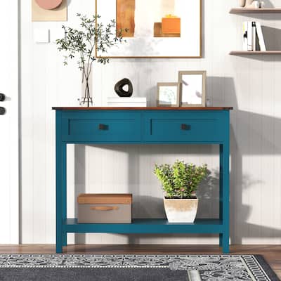 Farmhouse Console Table with 2 Drawer and Bottom Storage Shelf for Entryway, Rustic Side Table with Storage Drawer and Shelf