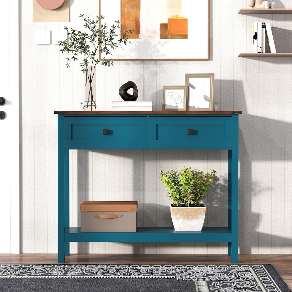 Farmhouse Style Console Table with 2 Drawer and Bottom Storage Shelf, Rustic Side Table with Storage Drawer and Shelf
