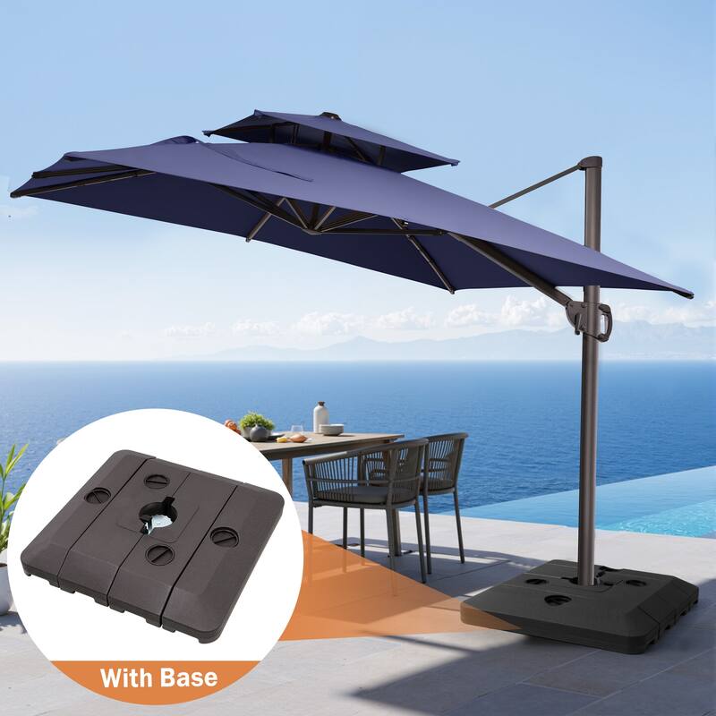 9x11FT Outdoor Patio Dual Top Umbrella Cantilever with Offset Base - Navy Blue
