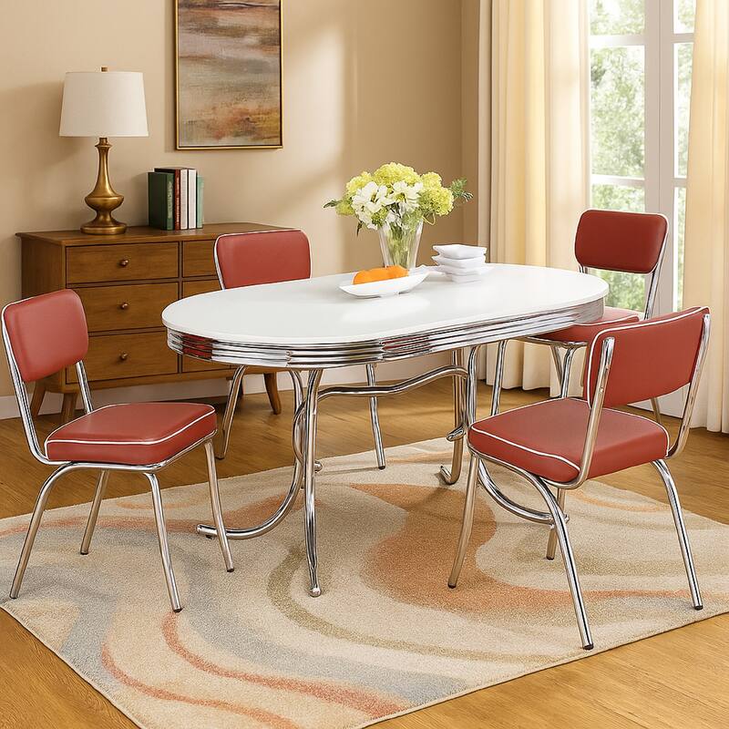 Loy 5pc Dining Table and Chair Set, Red Faux Leather, Retro White Oval