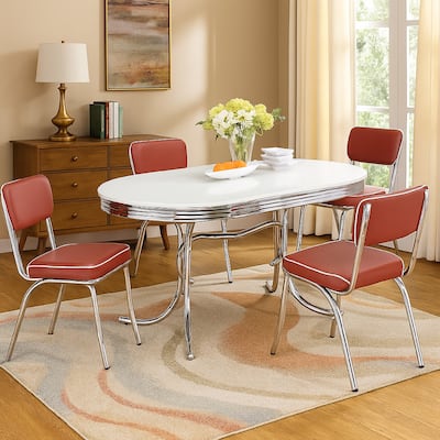 Loy 5pc Dining Table and Chair Set, Red Faux Leather, Retro White Oval