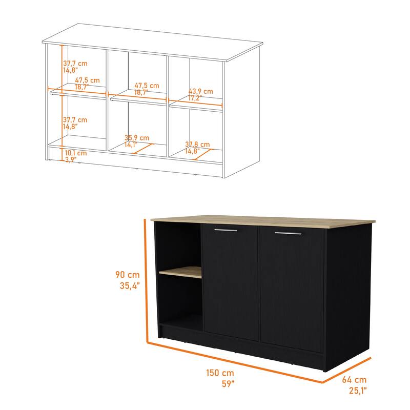 59" Kitchen Island with Large Countertop, Double-Door Cabinets, and Open Shelves, Ideal for Storage & Workspace