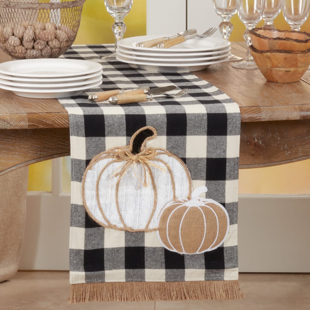 Buffalo Plaid Table Runner With Pumpkin Design - 14"x72"