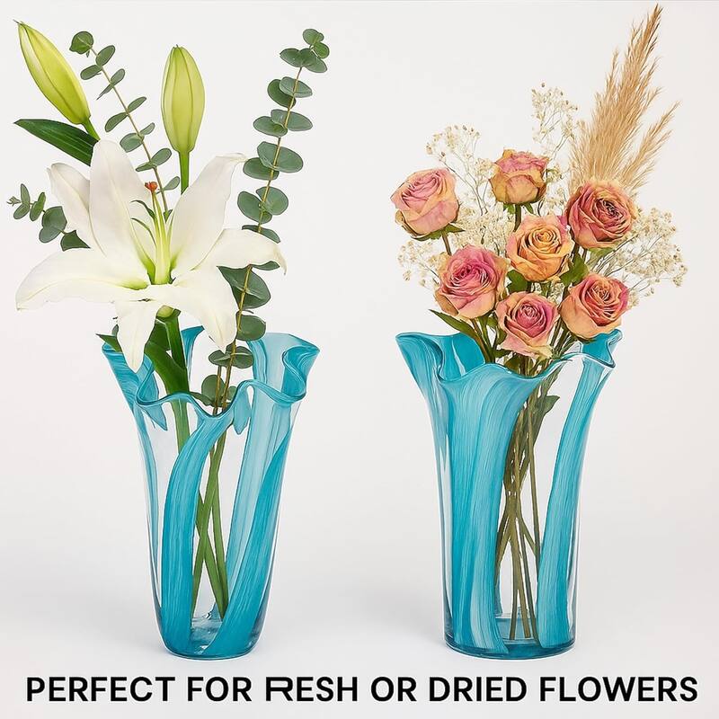 Green Set of 2 Striped Handblown Glass Vases with Broad Rim and Ruffle