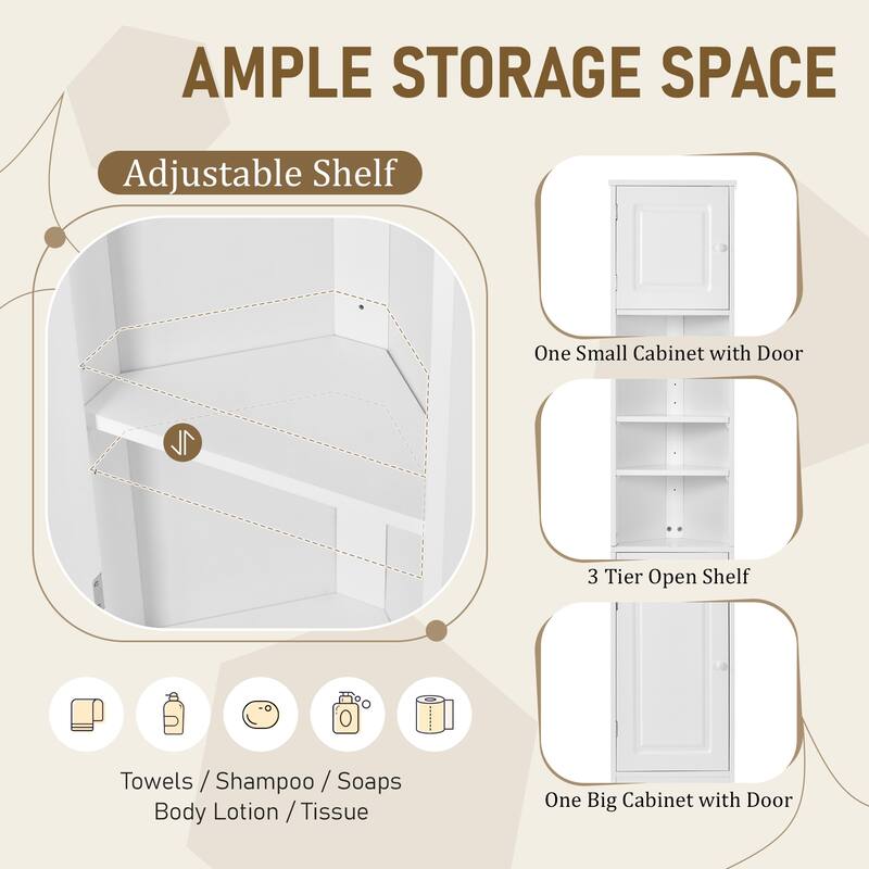 Multi-Functional Corner Cabinet Tall Bathroom Storage Cabinet with Two Doors and Adjustable Shelves, Open Shelf