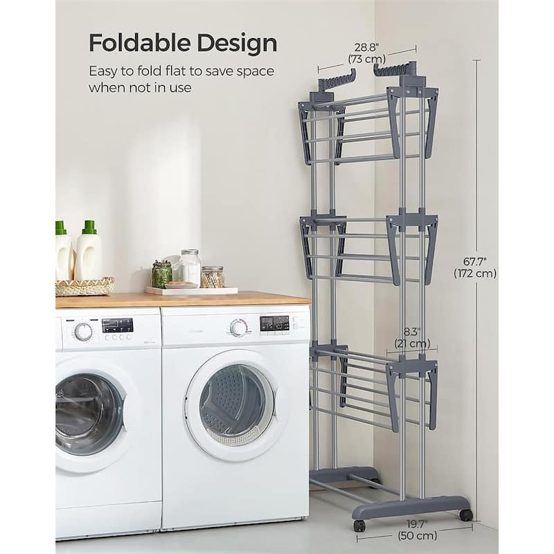 Steel Plastic 4-Tier Drying Rack with Wheels and Foldable Wings - 25"D x 50.4"W x 68.1"H