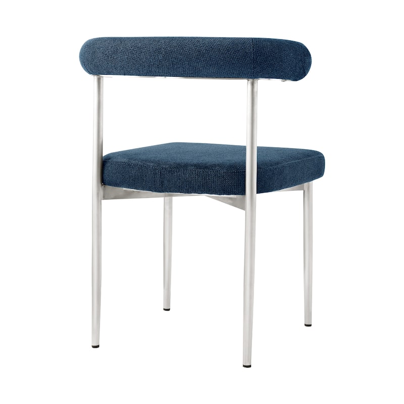 Shany Dining Chair Set of 2, Curved Back Brushed Steel, Blue Polyester