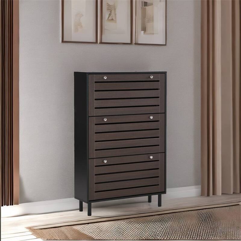 Shoe Rack with Adjustable Panel and 3 Flip Drawers - Black