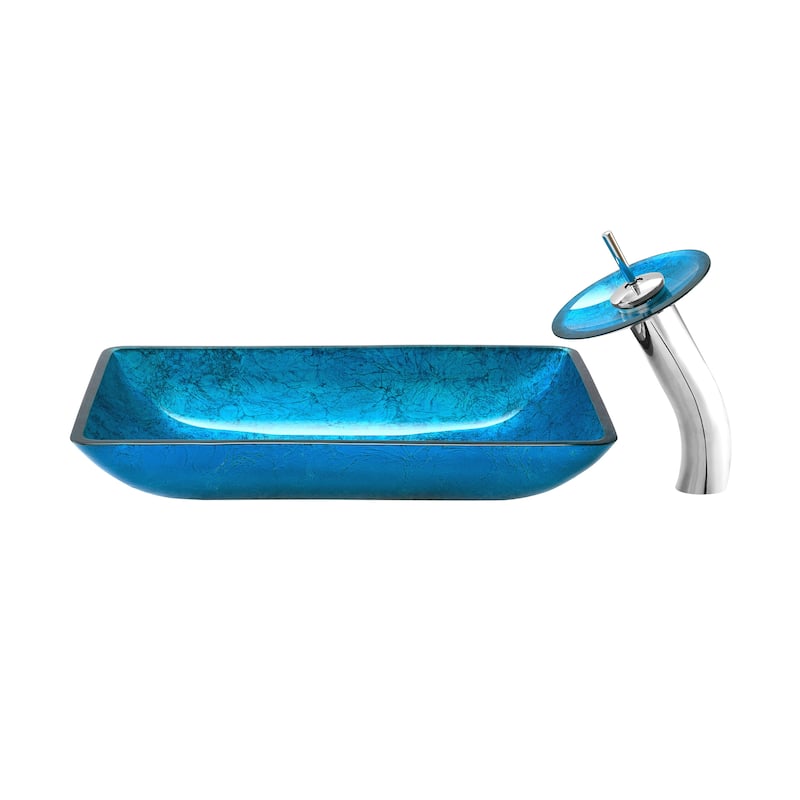Vincennes Rectangular Glass Vessel Sink With Faucet, Ocean Blue - 22.2" x 14" 4.35"