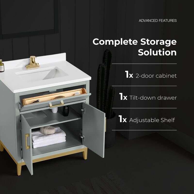 Diya Undermount Single Sink Bathroom Vanity with White Engineered Marble Top