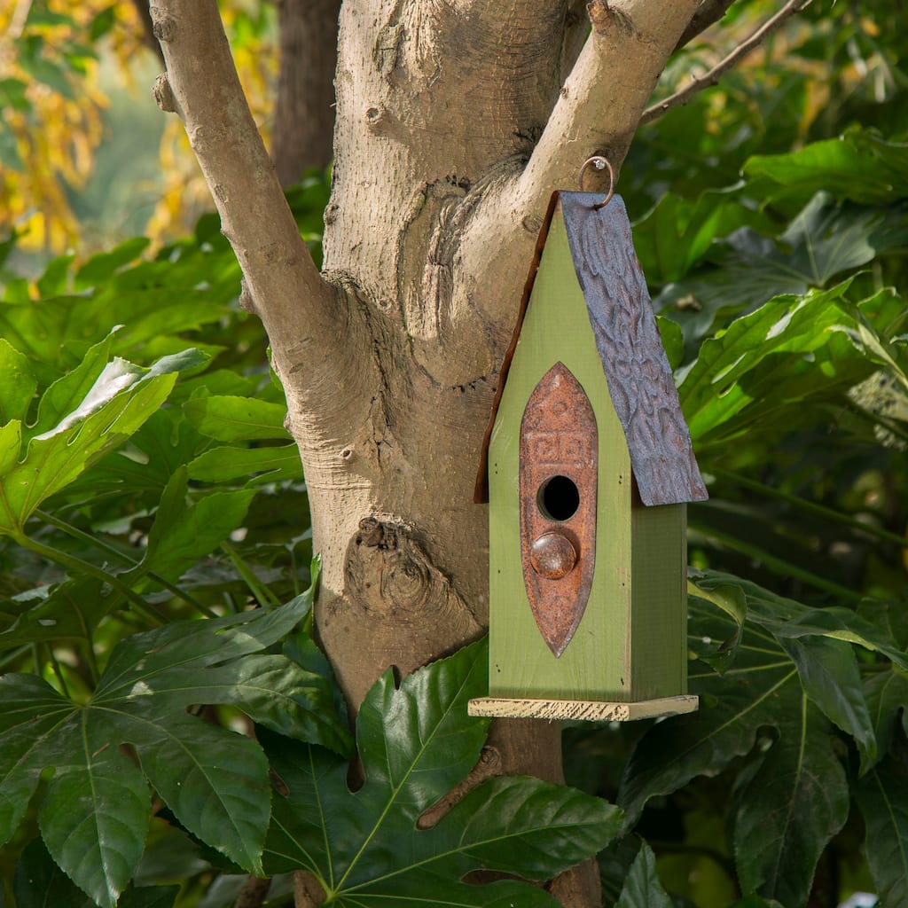 Glitzhome 13.25"H Distressed Green Solid Wood Hanging Birdhouse