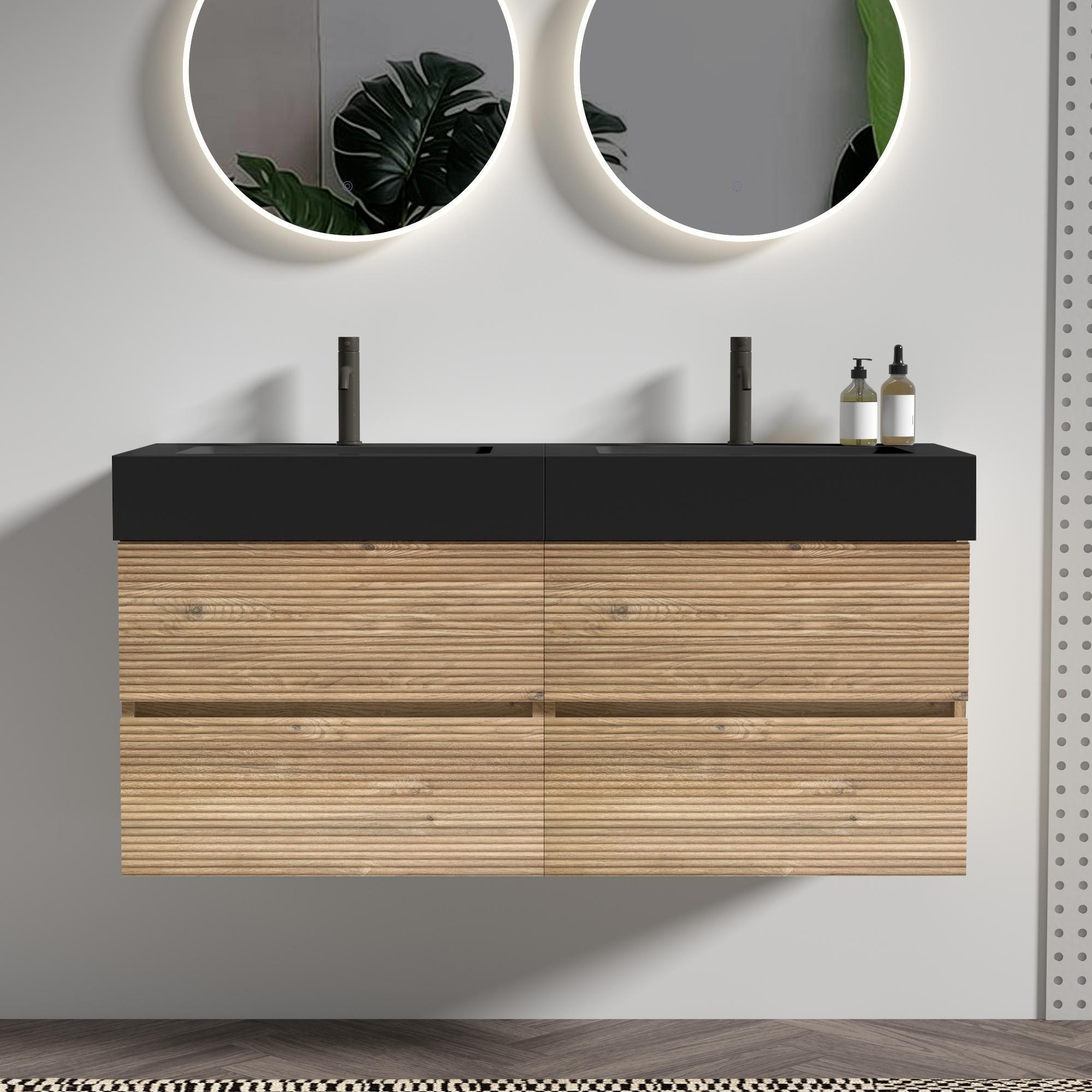 Bathroom Vanity with Oak Engineered Quartz Sink and Soft Black Drawers