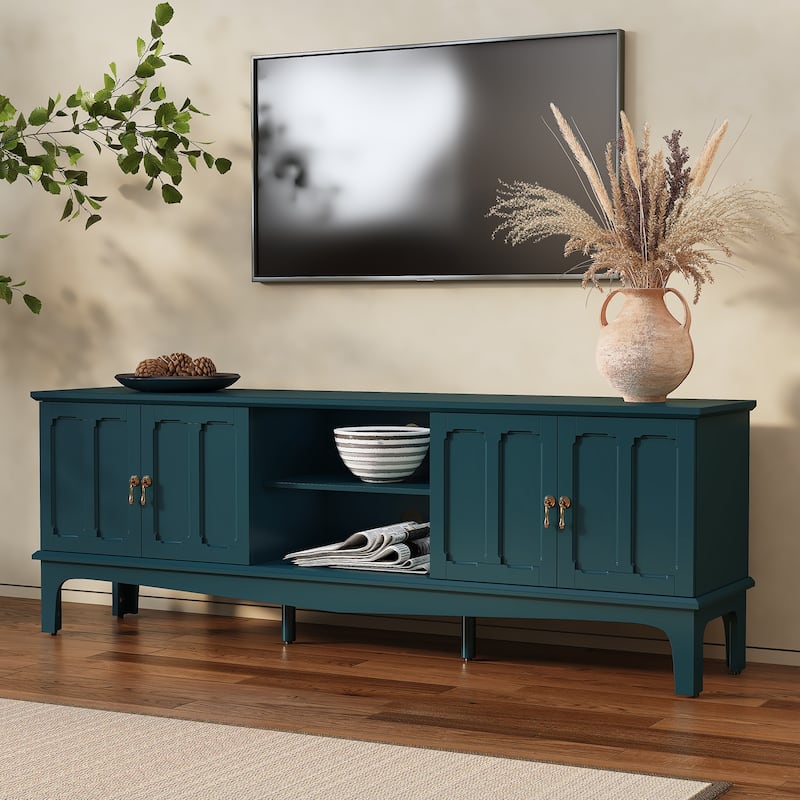 67" Mid-Century Modern TV Stand with Storage Cabinets & Open Shelves - Green