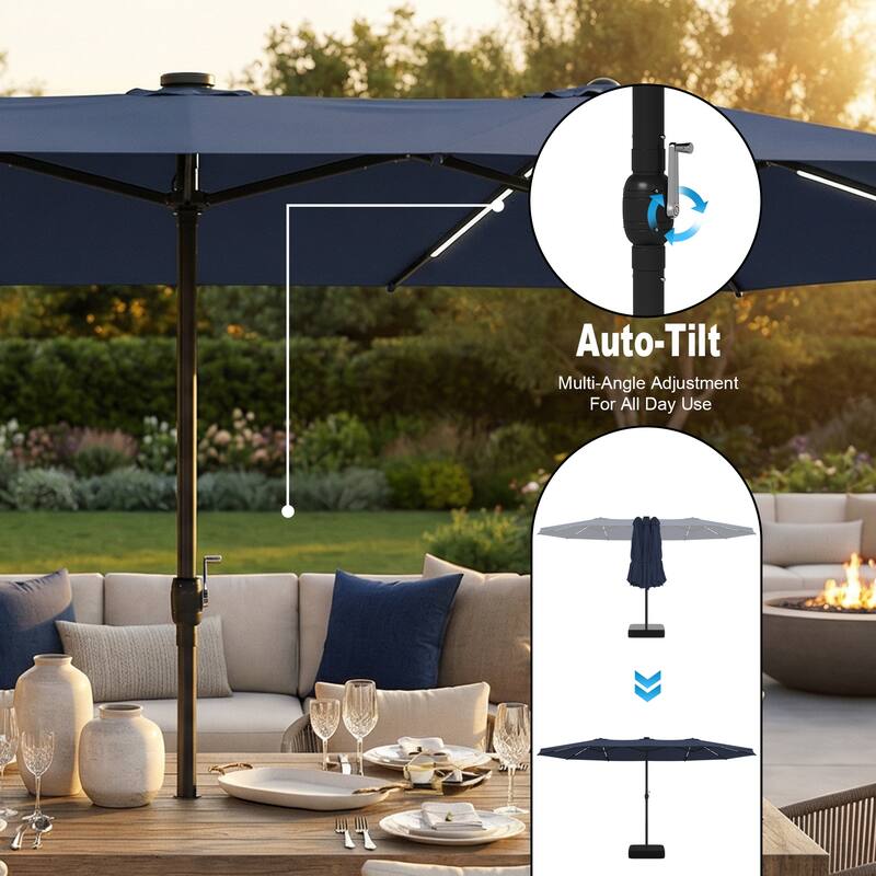 15FT Solar LED Double-Sided Patio Umbrella with Base, 12 Light Strips, 2000mAh