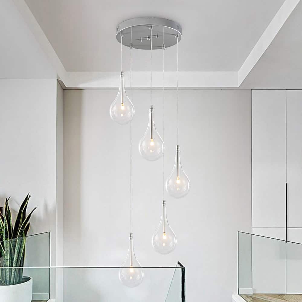Modern Silver 5-Light Clear Balloon Glass Hanging Cluster Pendant