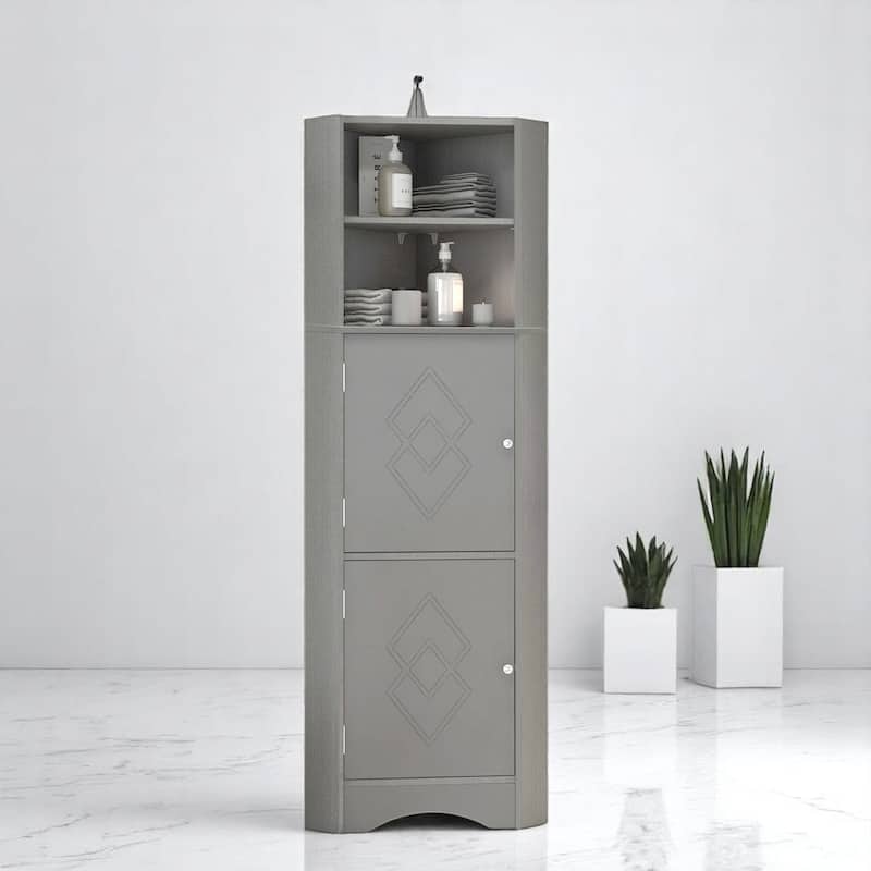 Freestanding Bathroom Corner Storage Cabinet with 2 Doors, Adjustable Shelves, Waterproof MDF, Triangle Design