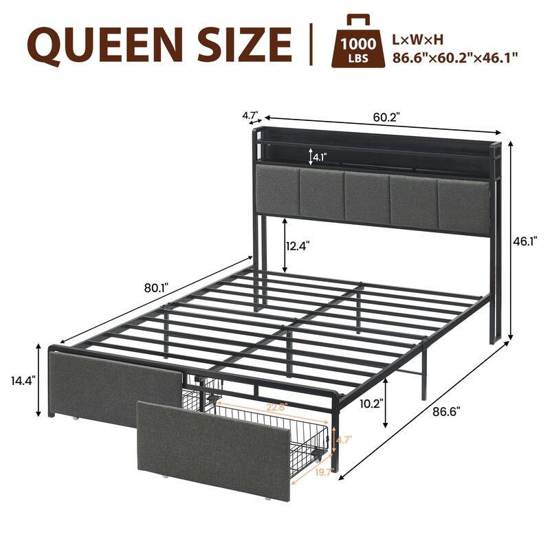 Bed Frame with Headboard and Storage Drawers