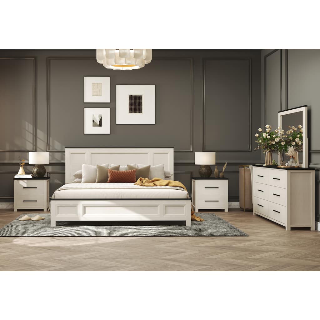 Roundhill Furniture Realynn 5-Piece Wood Bedroom Set, Panel Bed with Dresser, Mirror, and 2 Nightstands, Off-White Finish