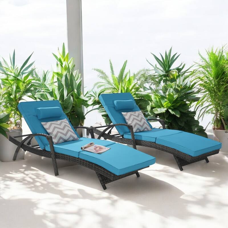 Outdoor Wicker Reclining Lounge Chairs Set of 2 with Cushions – Adjustable, Lawn Chairs for Patio, Poolside, and Garden