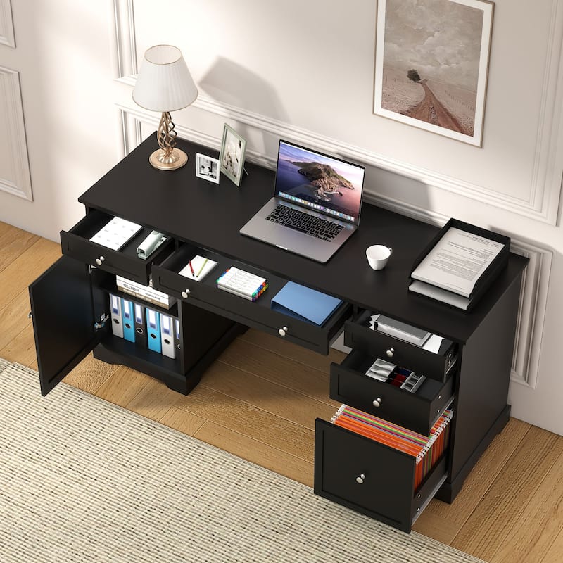 60W Black Pedestal Desk Office Desk with Drawers, File Cabinet