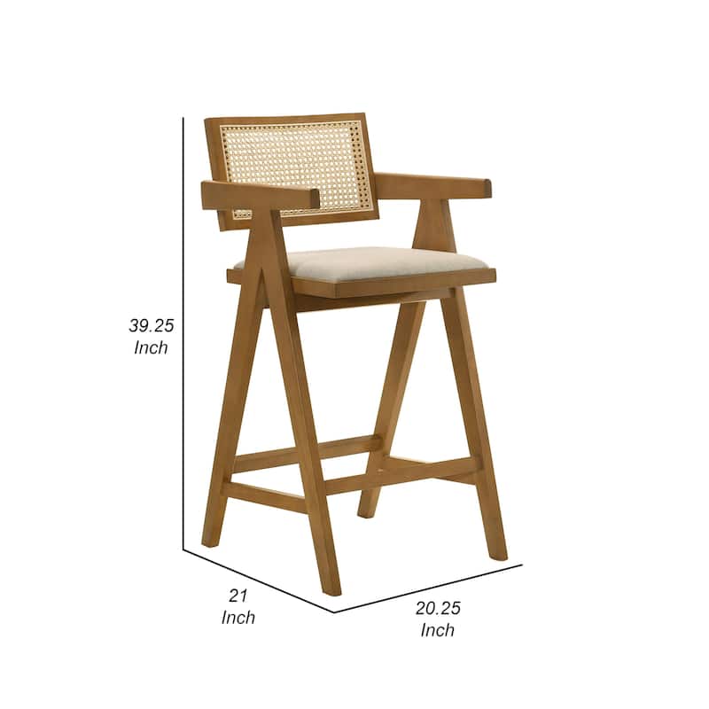 Jane Barstool Chair Set of 2, Sand Beige Rattan, Walnut Brown Solid Wood