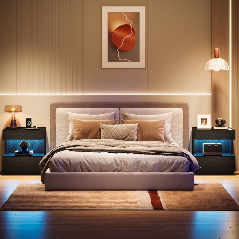Modern LED Black Nightstand Wood Bedside End Table with 2 Drawers