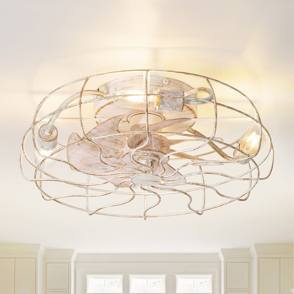 19 Inch 7-Blade Enclosed Indoor Flush Mount Caged Ceiling Fan with Light and Remote