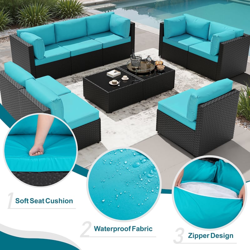 11 Piece Sectional Seating Group with Fire Pit and Cushion