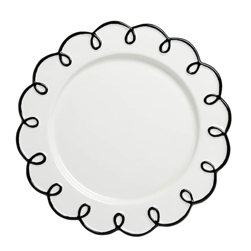 Sango Splash of Cheers 12-Piece Earthenware Dinnerware Set for 4- White with Black Scalloped Rims