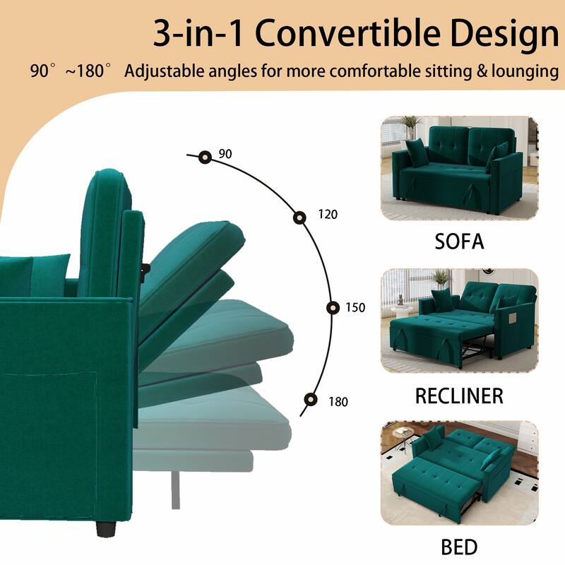 3 in 1 Convertible Sleeper Sofa Bed, Futon Couches for Living Room with Side Pocket, Adjustable Backrest