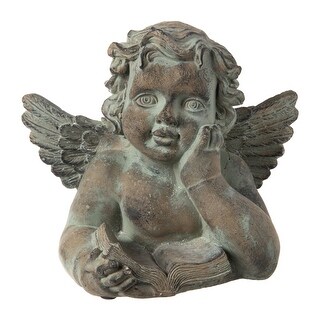 8 Inch Cement Angel Bust Figurine Reading, Hands On Cheek, Green - Bed