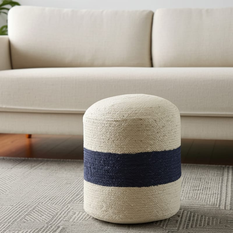 HomeRoots 18" Off White And Navy Blue Jute Blend Cylinder Striped Pouf Ottoman - Navy Blue/Off White - 18' X '18' X '18