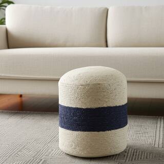 HomeRoots 18" Off White And Navy Blue Jute Blend Cylinder Striped Pouf Ottoman