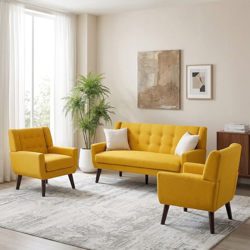 3-Piece Mid-Century Modern Living Room Set with Loveseat and 2 Chairs - Yellow
