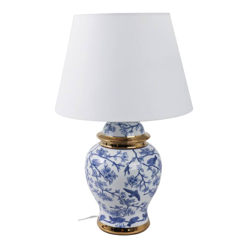 Ceramic Table Lamp Floral Bird Print with Accent Glam Decor - 19" Blue - 12" x 12" x 19"