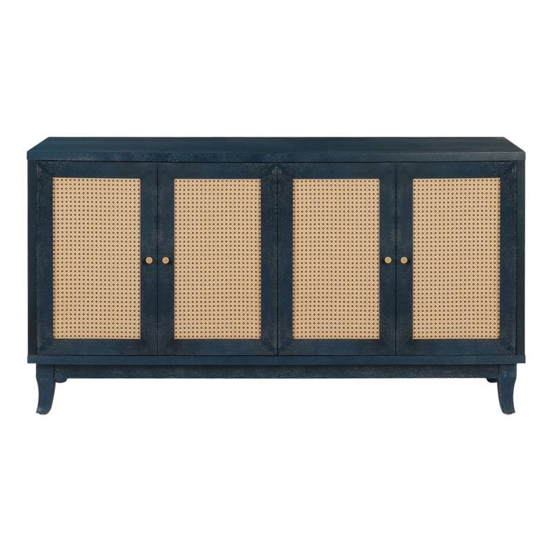 HomeRoots 60" Blue Wood And Rattan Distressed Sideboard with Four Doors - 59.8' X '32.3' X '15.6